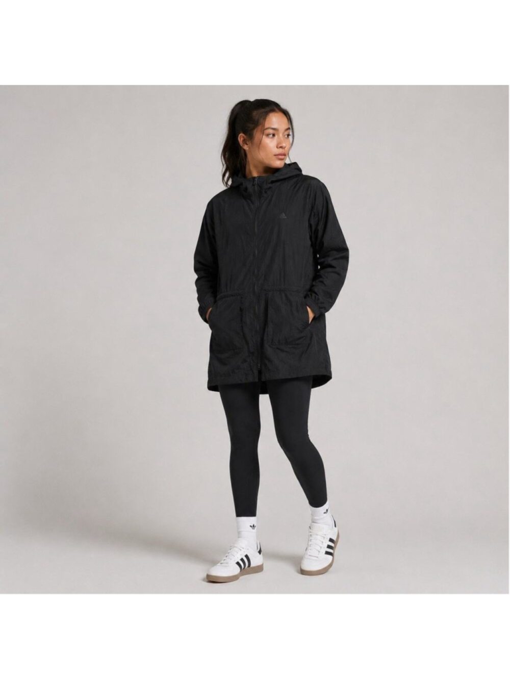 Adidas Black Hooded Nylon Longline Dress Jacket Windbreaker M